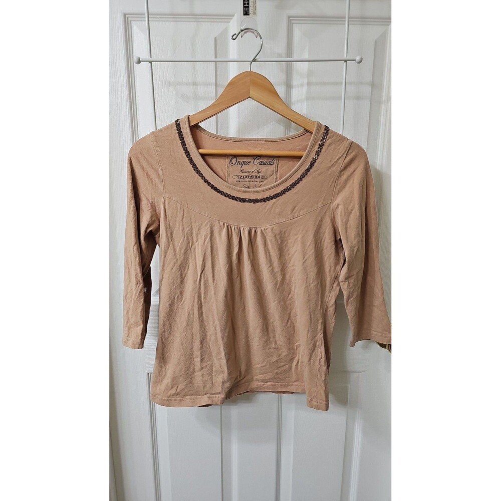 Onque Casuals Tan 3/4 Sleeve Beaded Scoop Neck Knit Top Size S